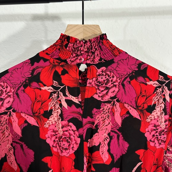 Nanette Lepore Long Sleeve Smocked Floral Midi Dress 4 Red Romantic Feminine - Picture 6 of 10